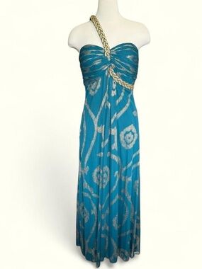 Gorg Vintage Betsy & Adam Bluish Green Teal Maxi Dress with Gold Accents- 12P